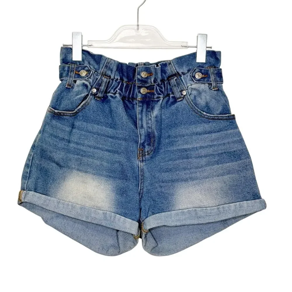 ALMOST FAMOUS Denim Paperbag Shorts Elastic Waist High Rise Blue Womens Size L